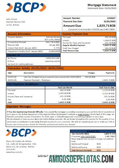 Banco De Credito Bolivia Bank Mortgage Statement Scr baixar para verificação